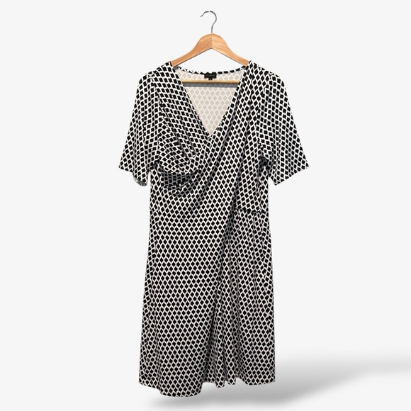 Talbots Dresses & Skirts - Talbots Knit Dress Black White Sheath Faux Wrap Ruched Draped, Size XL